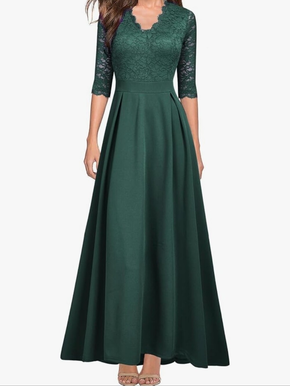 Woman’s Dark Green Lace V-Neck Formal Dress with Decorative Belt Size L NWT